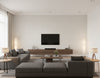Catwalk Stria Mid Century Stripe Light Gray and Off-White | Architectural Wallcoverings - Living Room Visualization (AI-generated, may not be to scale. Verify pattern scale with product specifications.)