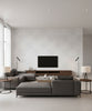 Vogue Suede Mid Century Faux Mist and Off-White | Architectural Wallcoverings - Living Room Visualization (AI-generated, may not be to scale. Verify pattern scale with product specifications.)