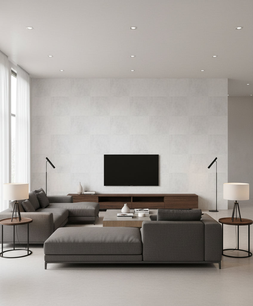 Vogue Suede Mid Century Faux Mist and Off-White | Architectural Wallcoverings - Living Room Visualization (AI-generated, may not be to scale. Verify pattern scale with product specifications.)