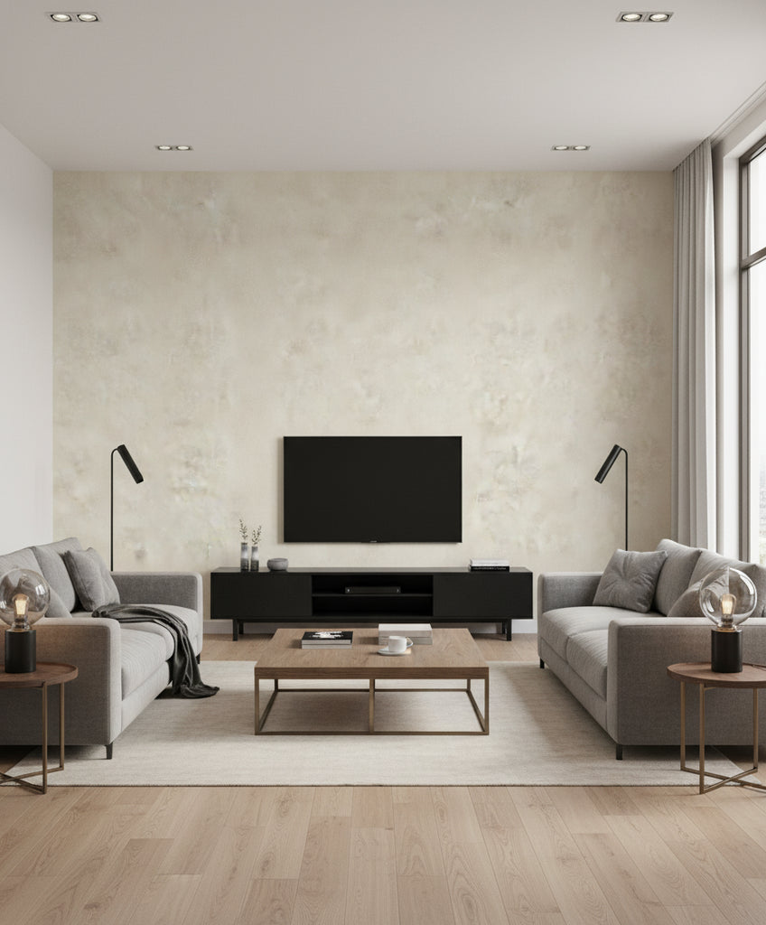 Vogue Suede Mid Century Faux Metallic Gold | Architectural Wallcoverings - Living Room Visualization (AI-generated, may not be to scale. Verify pattern scale with product specifications.)