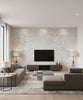 Vogue Suede Mid Century Faux Gray and Off-White | Architectural Wallcoverings - Living Room Visualization (AI-generated, may not be to scale. Verify pattern scale with product specifications.)