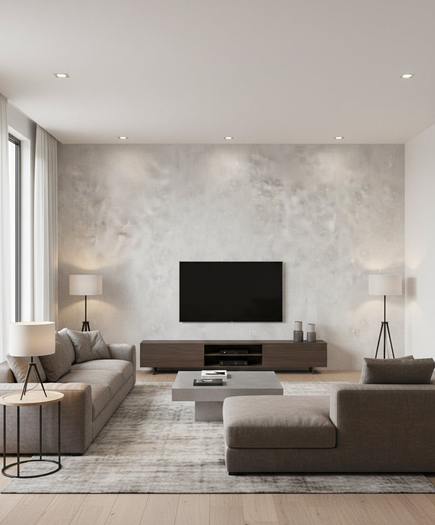 Vogue Suede Mid Century Faux Gray and Off-White | Architectural Wallcoverings - Living Room Visualization (AI-generated, may not be to scale. Verify pattern scale with product specifications.)
