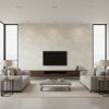 Masquerade Mid Century Botanical Light Tan and Off-White | Architectural Wallcoverings - Living Room Visualization (AI-generated, may not be to scale. Verify pattern scale with product specifications.)
