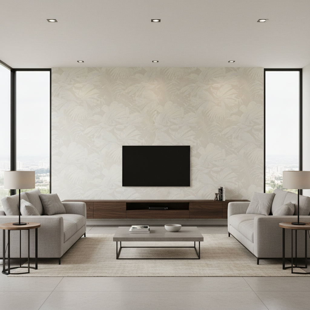 Masquerade Mid Century Botanical Light Tan and Off-White | Architectural Wallcoverings - Living Room Visualization (AI-generated, may not be to scale. Verify pattern scale with product specifications.)