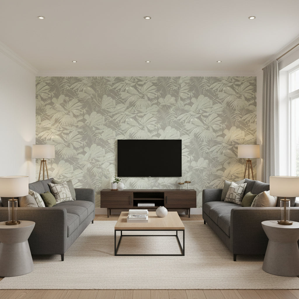 Masquerade Mid Century Botanical Light Eucalyptus and Gray | Architectural Wallcoverings - Living Room Visualization (AI-generated, may not be to scale. Verify pattern scale with product specifications.)