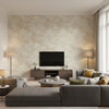 Masquerade Mid Century Botanical Metallic Gold and Off-White | Architectural Wallcoverings - Living Room Visualization (AI-generated, may not be to scale. Verify pattern scale with product specifications.)