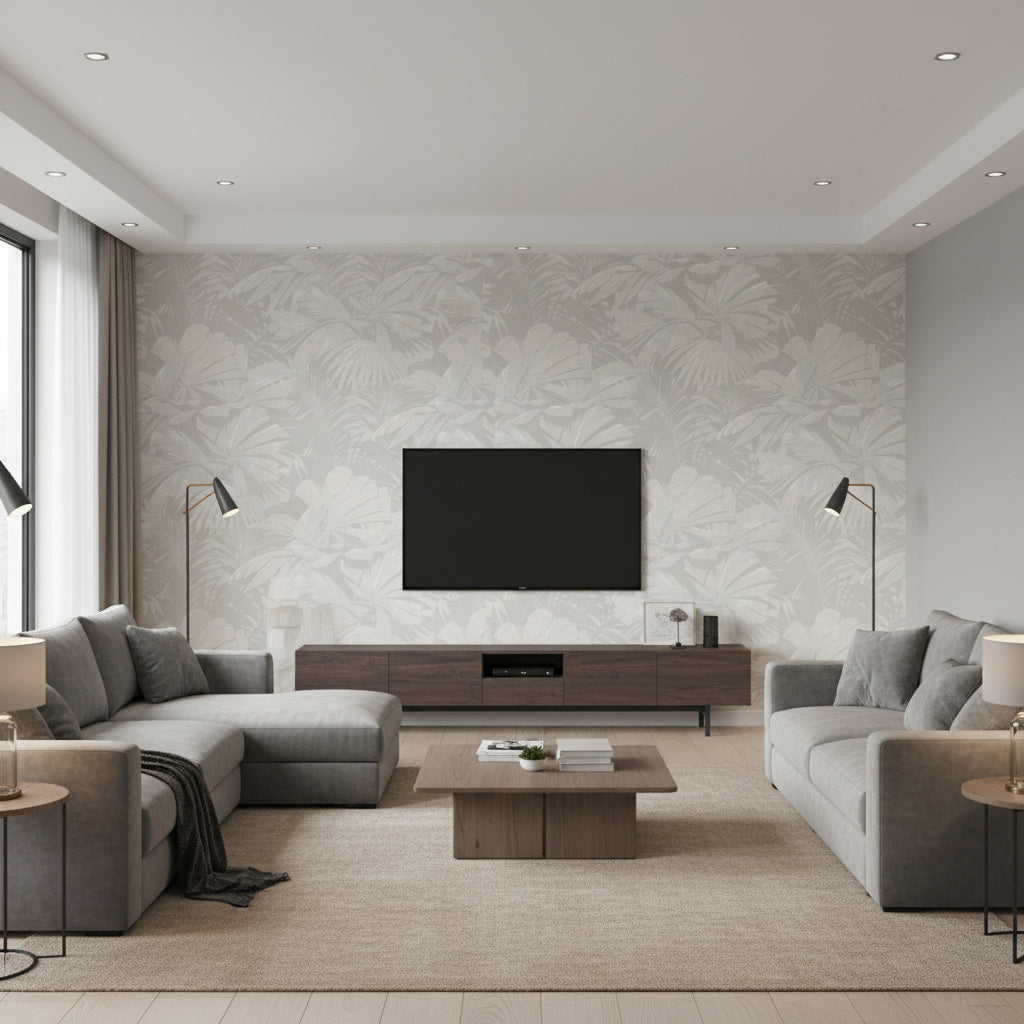 Masquerade Mid Century Botanical Gray and Off-White | Architectural Wallcoverings - Living Room Visualization (AI-generated, may not be to scale. Verify pattern scale with product specifications.)