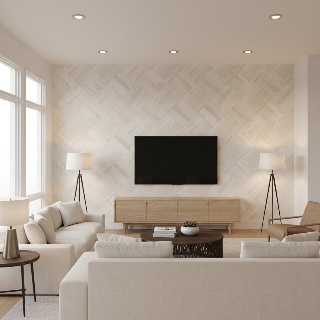 Masquerade Weave Mid Century Geometric Off-White | Architectural Wallcoverings - Living Room Visualization (AI-generated, may not be to scale. Verify pattern scale with product specifications.)