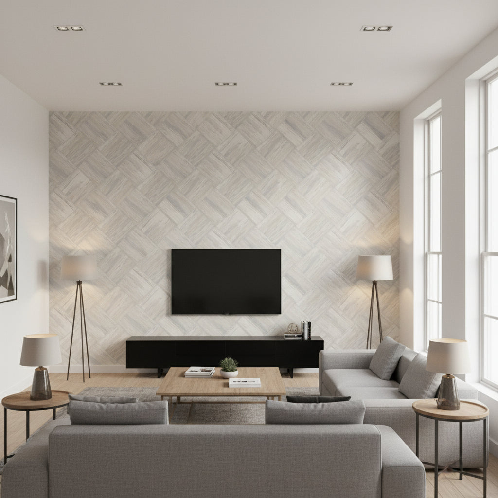 Masquerade Weave Mid Century Geometric Greige and Off-White | Architectural Wallcoverings - Living Room Visualization (AI-generated, may not be to scale. Verify pattern scale with product specifications.)