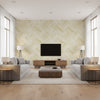 Masquerade Weave Mid Century Geometric Metallic Gold and Off-White | Architectural Wallcoverings - Living Room Visualization (AI-generated, may not be to scale. Verify pattern scale with product specifications.)