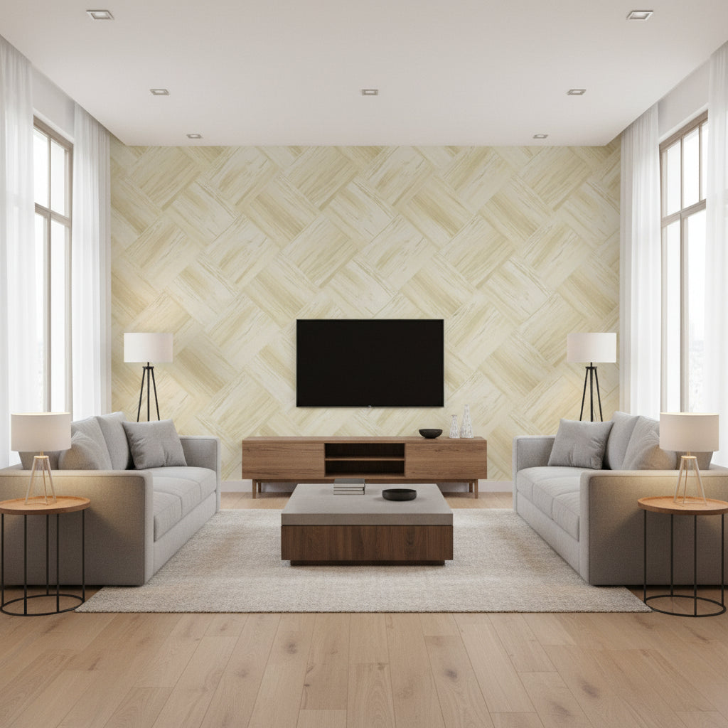 Masquerade Weave Mid Century Geometric Metallic Gold and Off-White | Architectural Wallcoverings - Living Room Visualization (AI-generated, may not be to scale. Verify pattern scale with product specifications.)