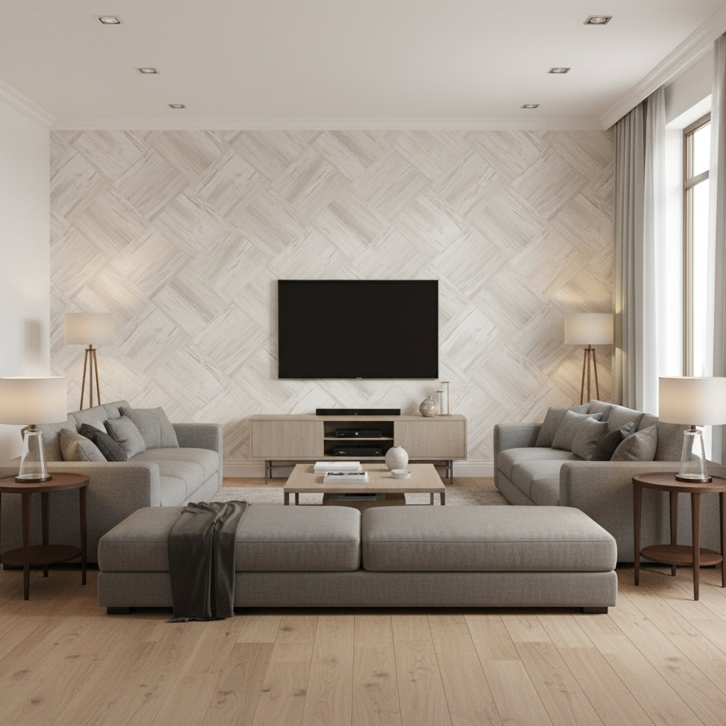 Masquerade Weave Mid Century Geometric Gray and Off-White | Architectural Wallcoverings - Living Room Visualization (AI-generated, may not be to scale. Verify pattern scale with product specifications.)