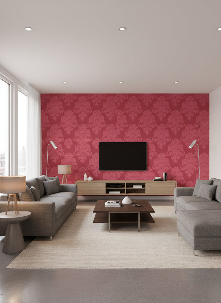 Montserrat Coastal Damask Salmon Pink and Strawberry | Architectural Wallcoverings - Living Room Visualization (AI-generated, may not be to scale. Verify pattern scale with product specifications.)