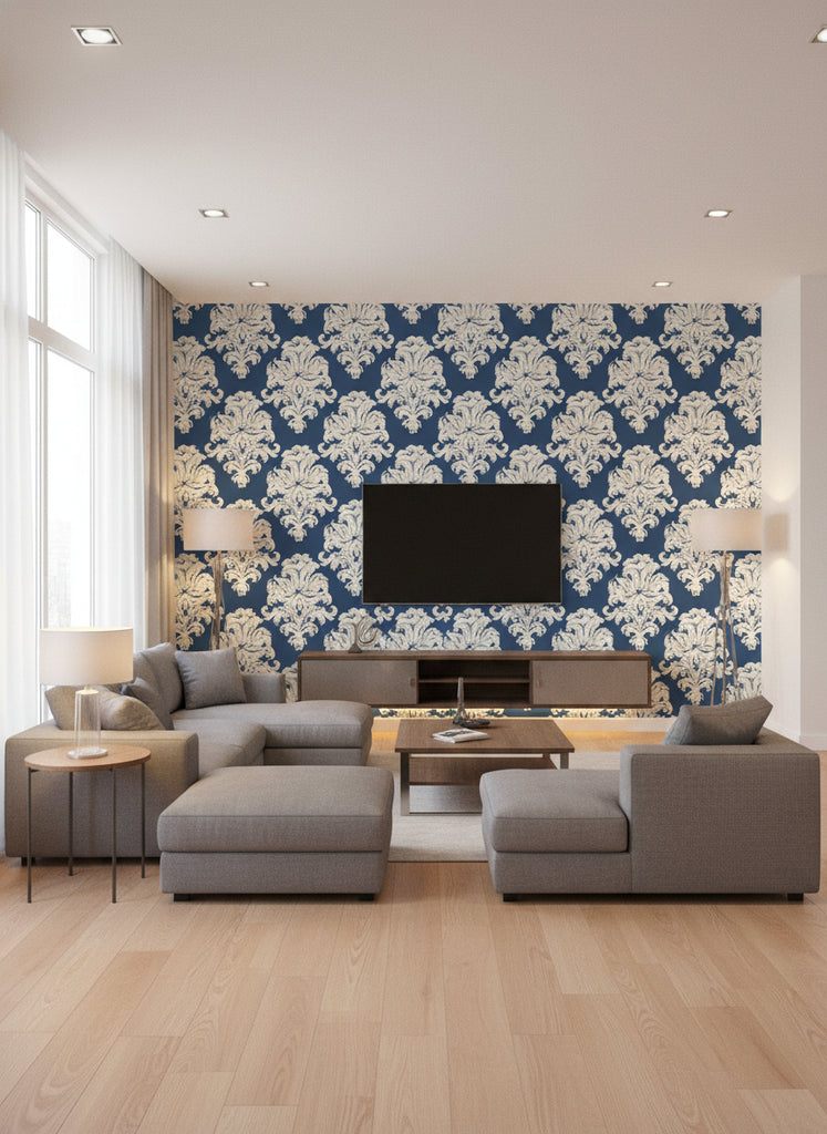 Montserrat Coastal Damask Prussian Blue and White | Architectural Wallcoverings - Living Room Visualization (AI-generated, may not be to scale. Verify pattern scale with product specifications.)