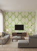 Montserrat Coastal Damask Olive Green and Off-White | Architectural Wallcoverings - Living Room Visualization (AI-generated, may not be to scale. Verify pattern scale with product specifications.)