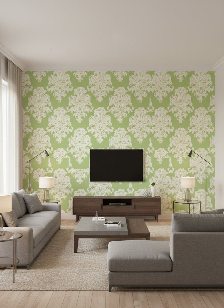 Montserrat Coastal Damask Olive Green and Off-White | Architectural Wallcoverings - Living Room Visualization (AI-generated, may not be to scale. Verify pattern scale with product specifications.)