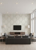 Montserrat Coastal Damask Light Taupe and Off-White | Architectural Wallcoverings - Living Room Visualization (AI-generated, may not be to scale. Verify pattern scale with product specifications.)