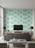 Aruba Coastal Palm Powder Blue and White | Architectural Wallcoverings - Living Room Visualization (AI-generated, may not be to scale. Verify pattern scale with product specifications.)