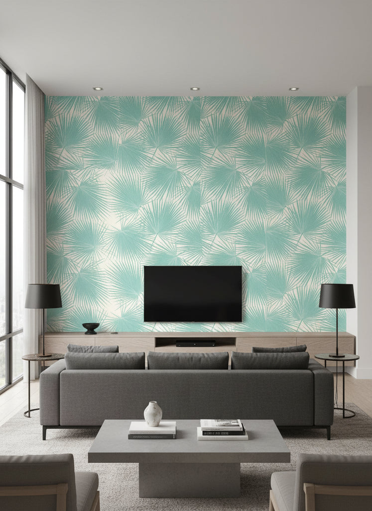 Aruba Coastal Palm Powder Blue and White | Architectural Wallcoverings - Living Room Visualization (AI-generated, may not be to scale. Verify pattern scale with product specifications.)