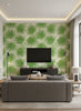 Aruba Coastal Palm Fern Green and White | Architectural Wallcoverings - Living Room Visualization (AI-generated, may not be to scale. Verify pattern scale with product specifications.)