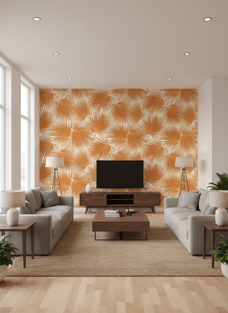 Aruba Coastal Palm Rust Orange and White | Architectural Wallcoverings - Living Room Visualization (AI-generated, may not be to scale. Verify pattern scale with product specifications.)