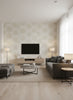 Aruba Coastal Palm Linen and White | Architectural Wallcoverings - Living Room Visualization (AI-generated, may not be to scale. Verify pattern scale with product specifications.)