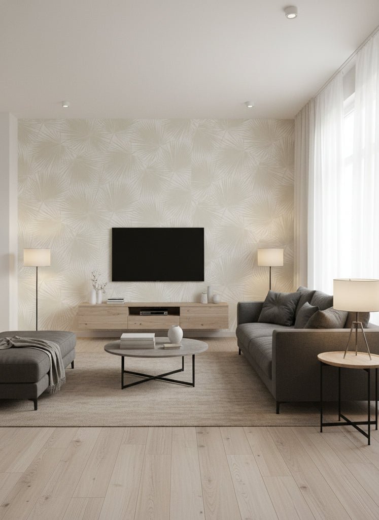 Aruba Coastal Palm Linen and White | Architectural Wallcoverings - Living Room Visualization (AI-generated, may not be to scale. Verify pattern scale with product specifications.)