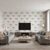 Catalina Coastal Animal Print Off-White, Black, and Metallic Silver | Architectural Wallcoverings - Living Room Visualization (AI-generated, may not be to scale. Verify pattern scale with product specifications.)