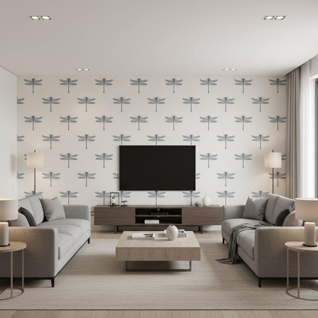 Catalina Coastal Animal Print Off-White, Black, and Metallic Silver | Architectural Wallcoverings - Living Room Visualization (AI-generated, may not be to scale. Verify pattern scale with product specifications.)