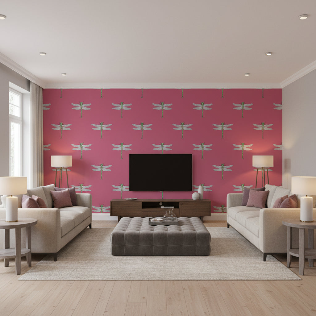 Catalina Coastal Animal Print Rose Pink, Green, Metallic Silver, and Black | Architectural Wallcoverings - Living Room Visualization (AI-generated, may not be to scale. Verify pattern scale with product specifications.)