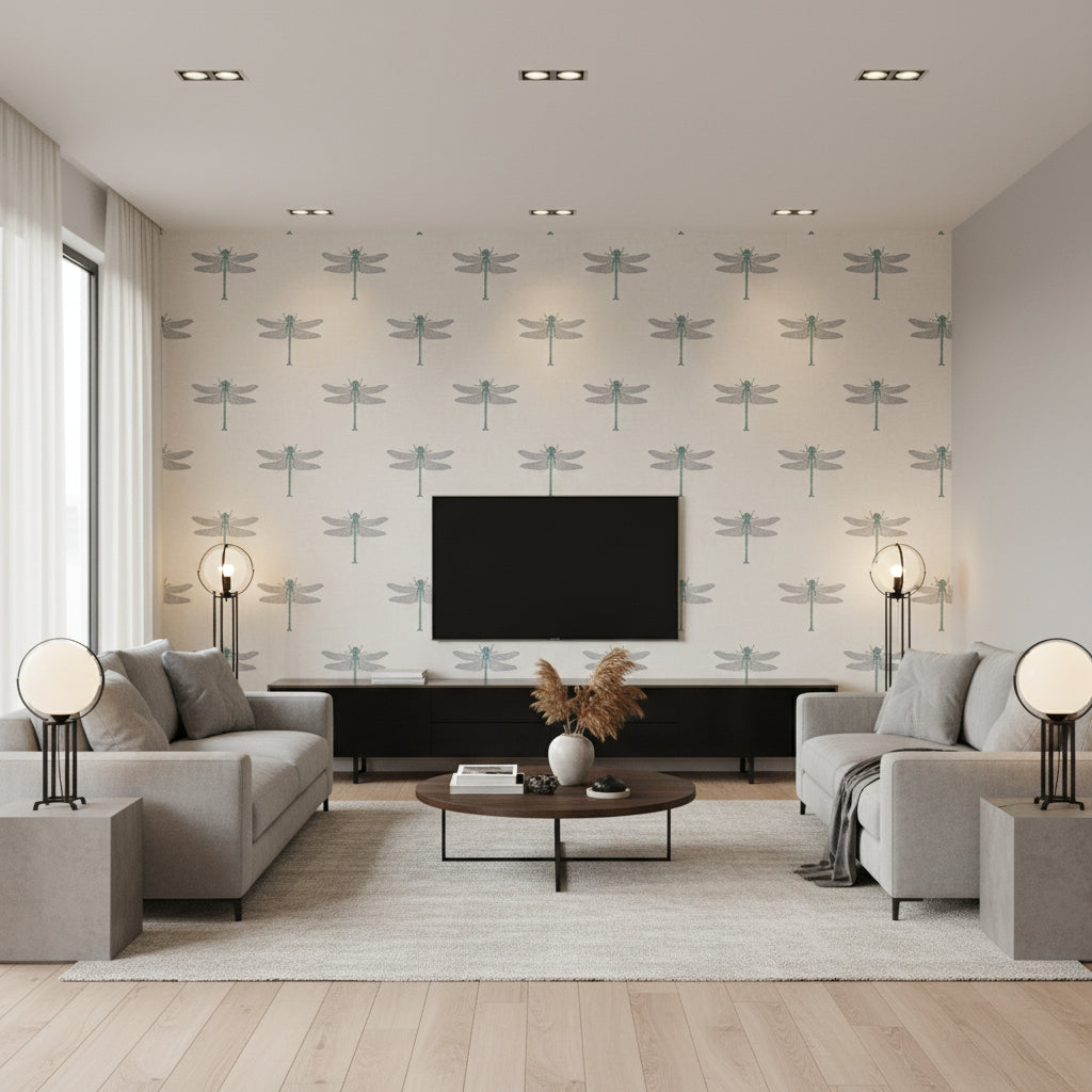 Catalina Coastal Animal Print Off-White, Blue, Metallic Silver, and Black | Architectural Wallcoverings - Living Room Visualization (AI-generated, may not be to scale. Verify pattern scale with product specifications.)