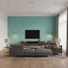Catalina Coastal Animal Print Teal, Orange, Metallic Silver, and Black | Architectural Wallcoverings - Living Room Visualization (AI-generated, may not be to scale. Verify pattern scale with product specifications.)