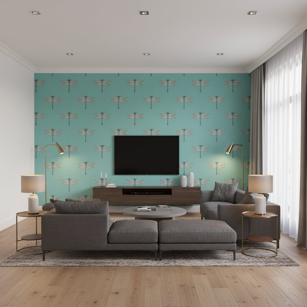Catalina Coastal Animal Print Teal, Orange, Metallic Silver, and Black | Architectural Wallcoverings - Living Room Visualization (AI-generated, may not be to scale. Verify pattern scale with product specifications.)