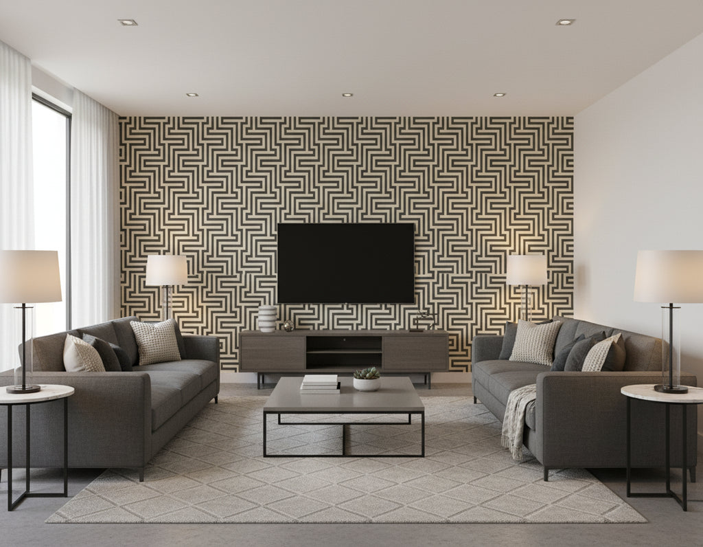 Geometric Coastal Black and Off-White | Architectural Wallcoverings - Living Room Visualization (AI-generated, may not be to scale. Verify pattern scale with product specifications.)