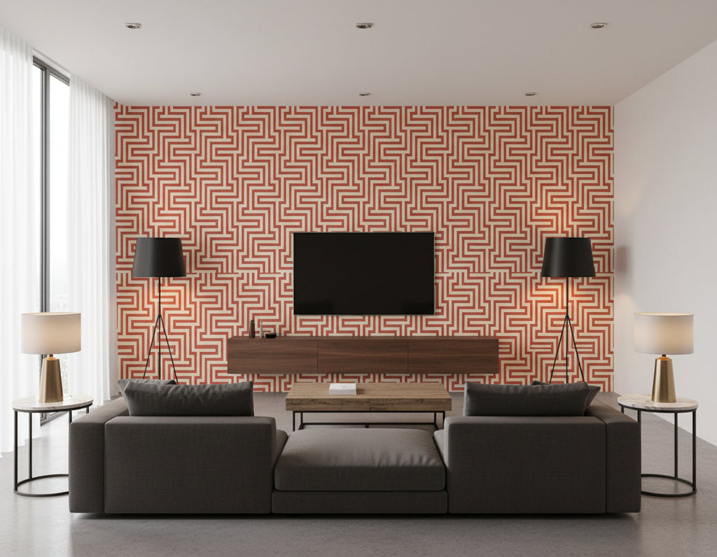 Geometric Coastal Rust Orange and Off-White | Architectural Wallcoverings - Living Room Visualization (AI-generated, may not be to scale. Verify pattern scale with product specifications.)