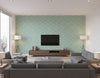 Coastal Geometric Sea Green and White | Architectural Wallcoverings - Living Room Visualization (AI-generated, may not be to scale. Verify pattern scale with product specifications.)