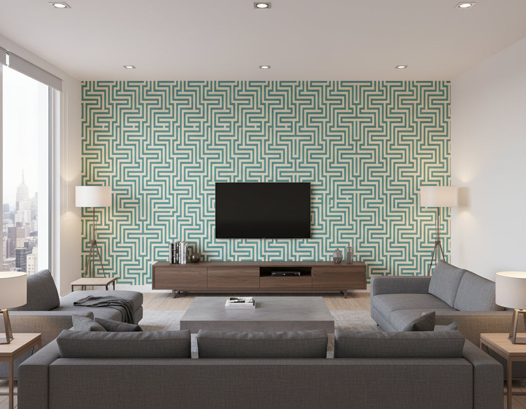 Coastal Geometric Sea Green and White | Architectural Wallcoverings - Living Room Visualization (AI-generated, may not be to scale. Verify pattern scale with product specifications.)
