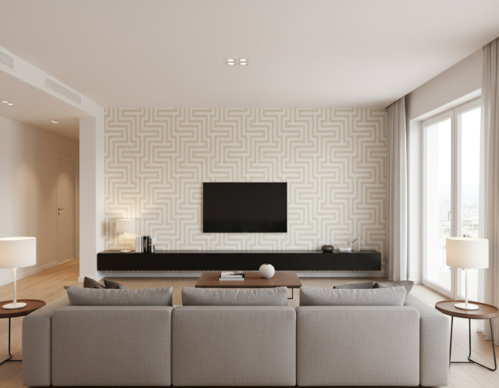 Coastal Geometric Tan and White | Architectural Wallcoverings - Living Room Visualization (AI-generated, may not be to scale. Verify pattern scale with product specifications.)