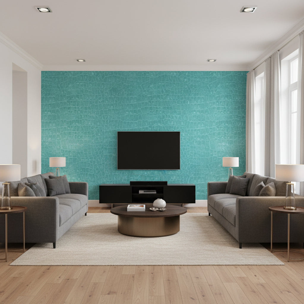 Curacao Coastal Animal Print Aqua Blue | Architectural Wallcoverings - Living Room Visualization (AI-generated, may not be to scale. Verify pattern scale with product specifications.)