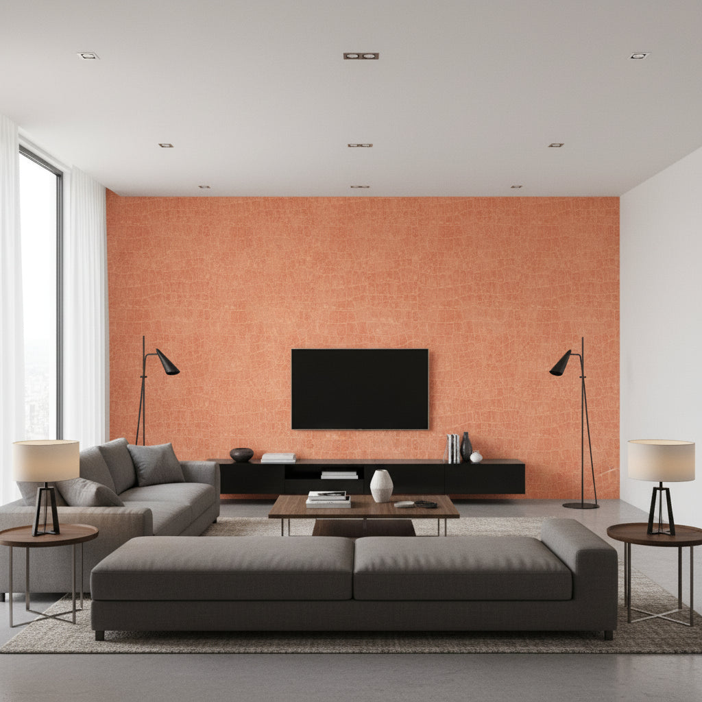 Curacao Coastal Animal Print Rust Orange | Architectural Wallcoverings - Living Room Visualization (AI-generated, may not be to scale. Verify pattern scale with product specifications.)