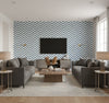 Jamaica Chevron Coastal Chevron Teal and White | Architectural Wallcoverings - Living Room Visualization (AI-generated, may not be to scale. Verify pattern scale with product specifications.)