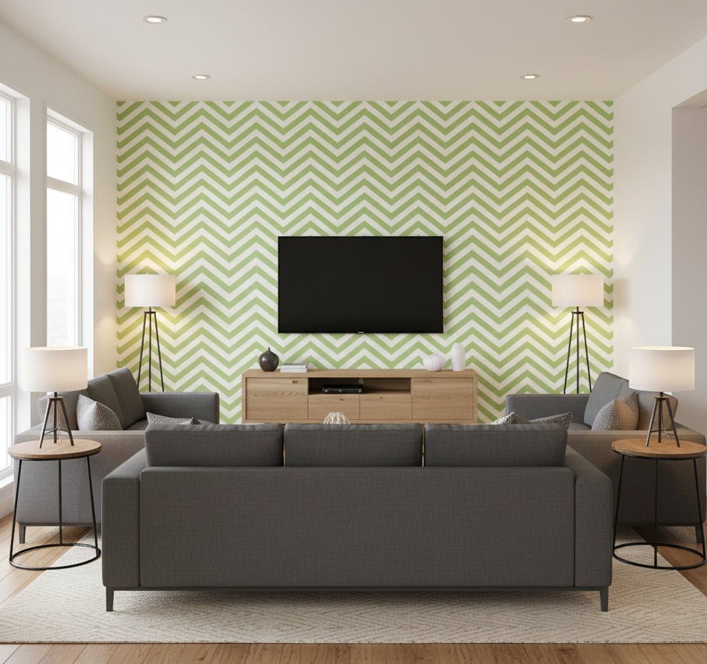 Jamaica Chevron Coastal Chevron Lime Green and White | Architectural Wallcoverings - Living Room Visualization (AI-generated, may not be to scale. Verify pattern scale with product specifications.)
