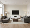 Jamaica Chevron Coastal Chevron Tan and White | Architectural Wallcoverings - Living Room Visualization (AI-generated, may not be to scale. Verify pattern scale with product specifications.)