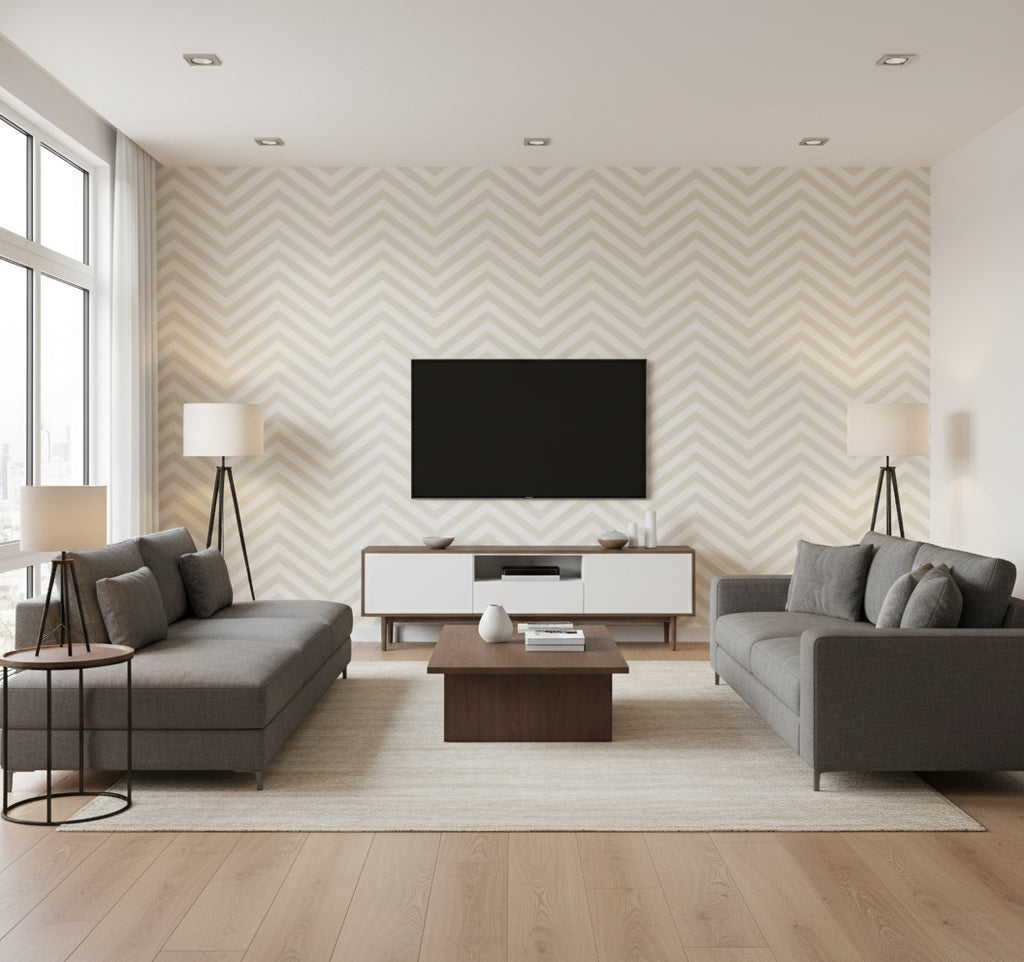 Jamaica Chevron Coastal Chevron Tan and White | Architectural Wallcoverings - Living Room Visualization (AI-generated, may not be to scale. Verify pattern scale with product specifications.)