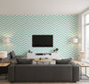 Jamaica Chevron Coastal Chevron Mist Green and Off-White | Architectural Wallcoverings - Living Room Visualization (AI-generated, may not be to scale. Verify pattern scale with product specifications.)