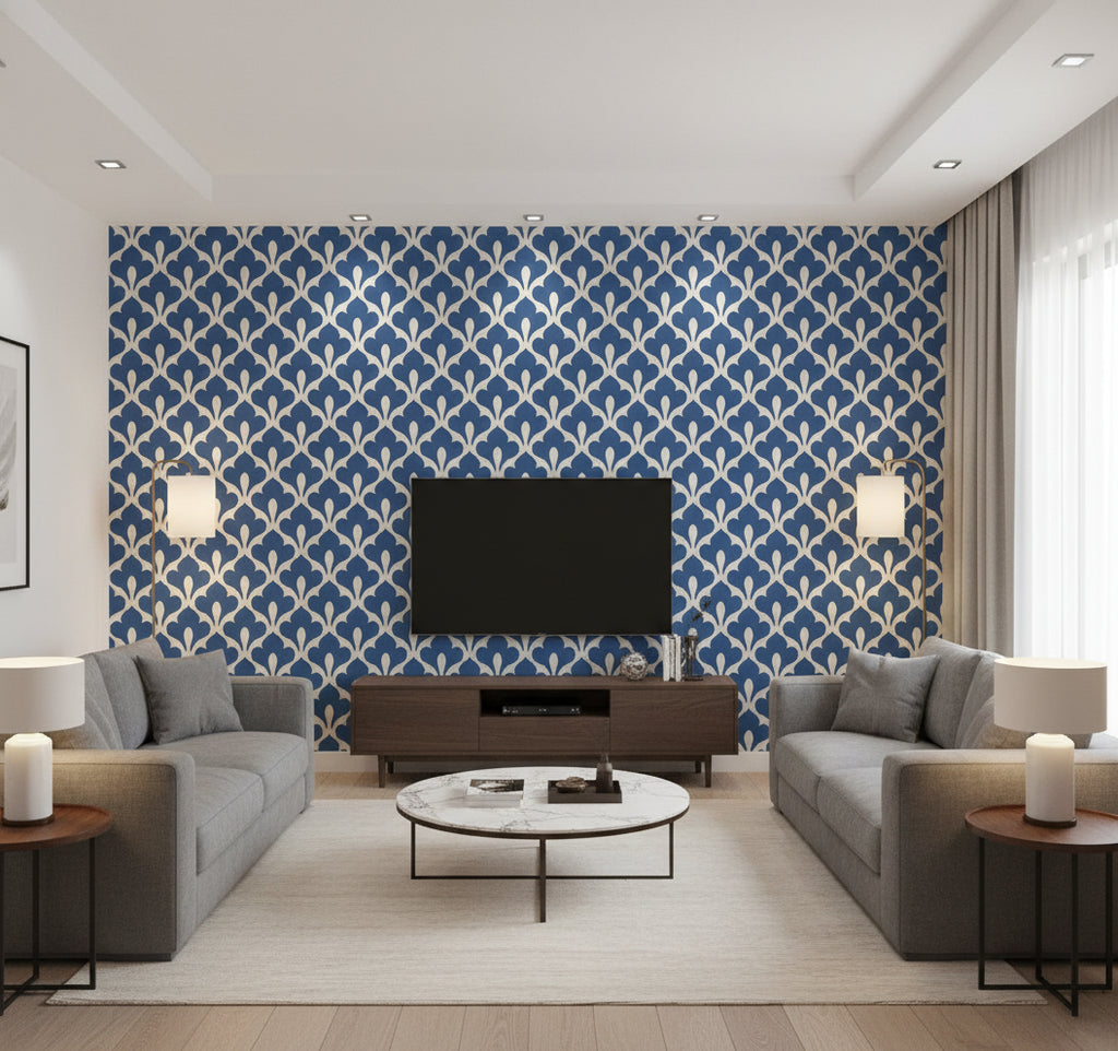 Grenada Coastal Geometric Prussian Blue and White | Architectural Wallcoverings - Living Room Visualization (AI-generated, may not be to scale. Verify pattern scale with product specifications.)