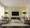 Grenada Coastal Geometric Lime Green and White | Architectural Wallcoverings - Living Room Visualization (AI-generated, may not be to scale. Verify pattern scale with product specifications.)