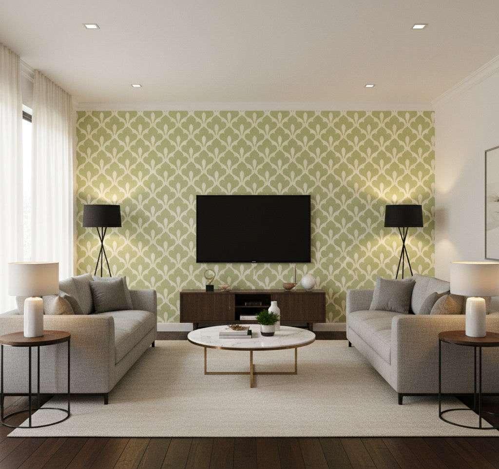 Grenada Coastal Geometric Lime Green and White | Architectural Wallcoverings - Living Room Visualization (AI-generated, may not be to scale. Verify pattern scale with product specifications.)