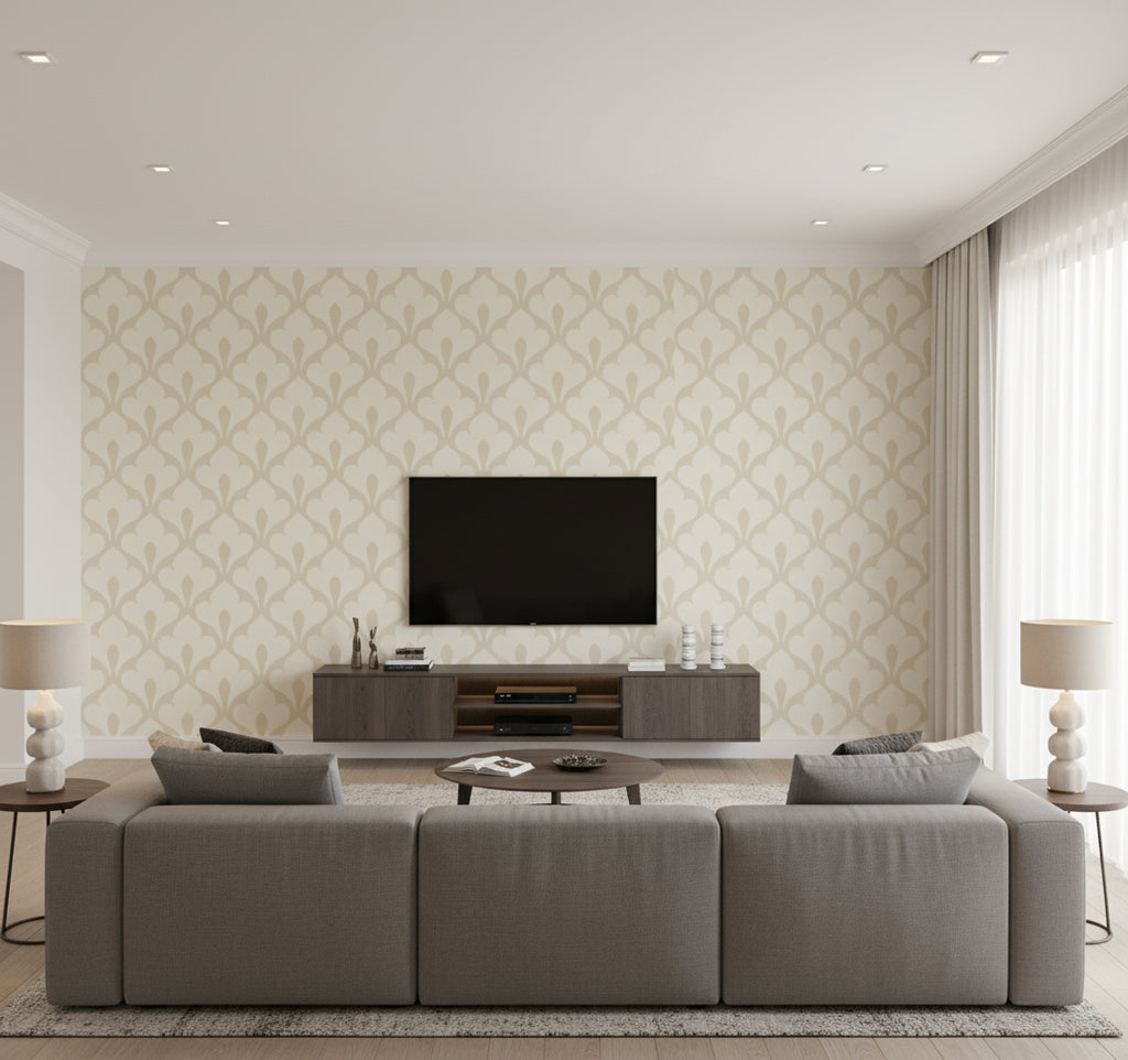 Grenada Coastal Geometric Cream and Off-White | Architectural Wallcoverings - Living Room Visualization (AI-generated, may not be to scale. Verify pattern scale with product specifications.)
