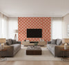 Grenada Coastal Geometric Portland Orange and Off-White | Architectural Wallcoverings - Living Room Visualization (AI-generated, may not be to scale. Verify pattern scale with product specifications.)